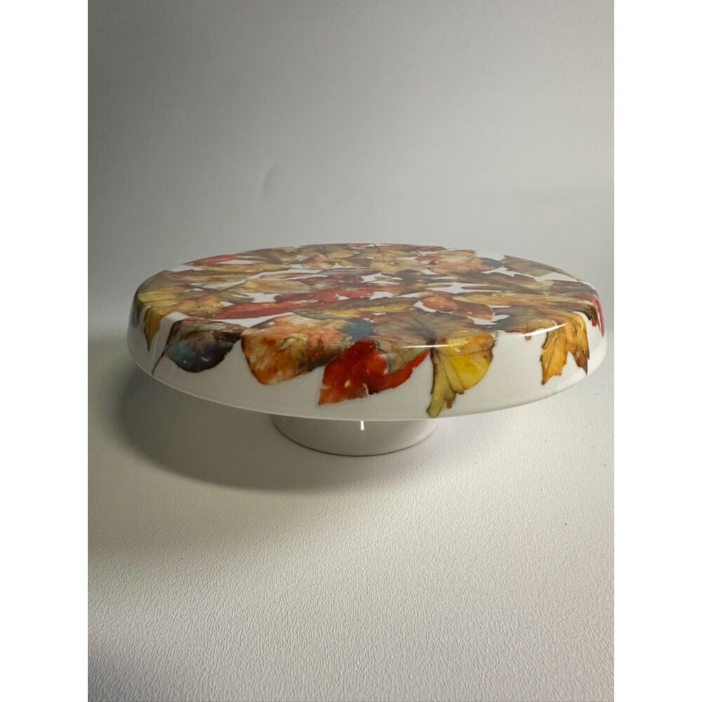 Autumn Leaves Porcelain Cake Stand | Vibrant Thanksgiving Tablescape Decor | 9"